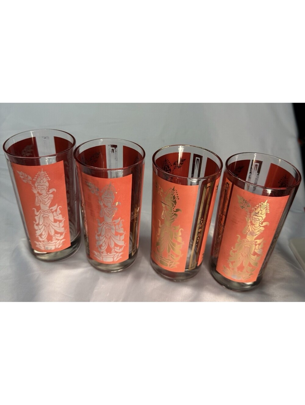 Vintage 1960s MCM Culver MANDALAY Red Siam Thai Goddess Glasses  Set of 4